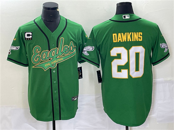 Men's Philadelphia Eagles #20 Brian Dawkins Green Gold With C Patch Cool Base Baseball Stitched Jersey